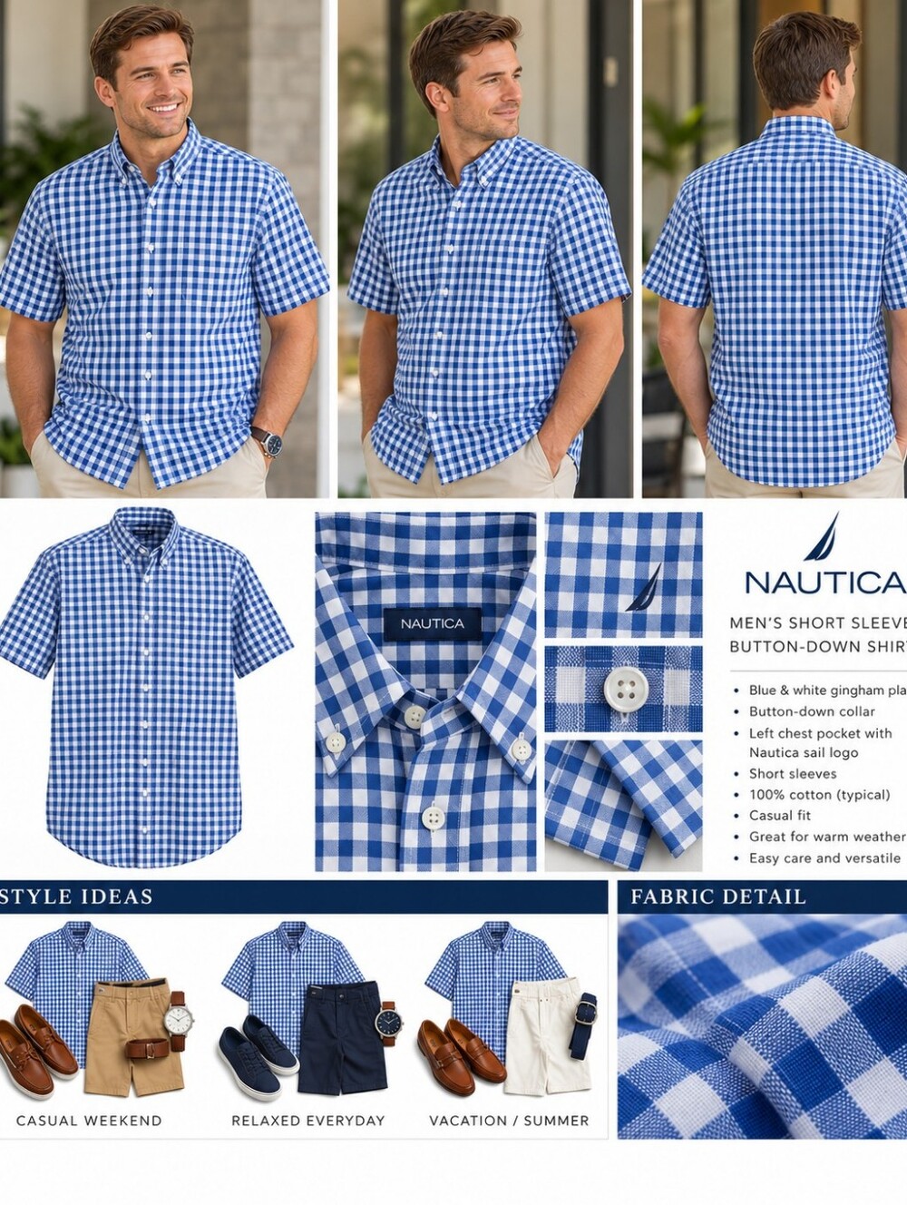 Nautica Men’s 3XL Short Sleeve Button-Down Shirt Blue White Plaid Check Cotton